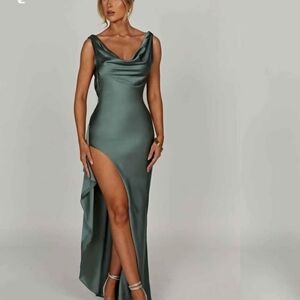 Satin Cowl-Neck High-Low Evening Gown in Teal